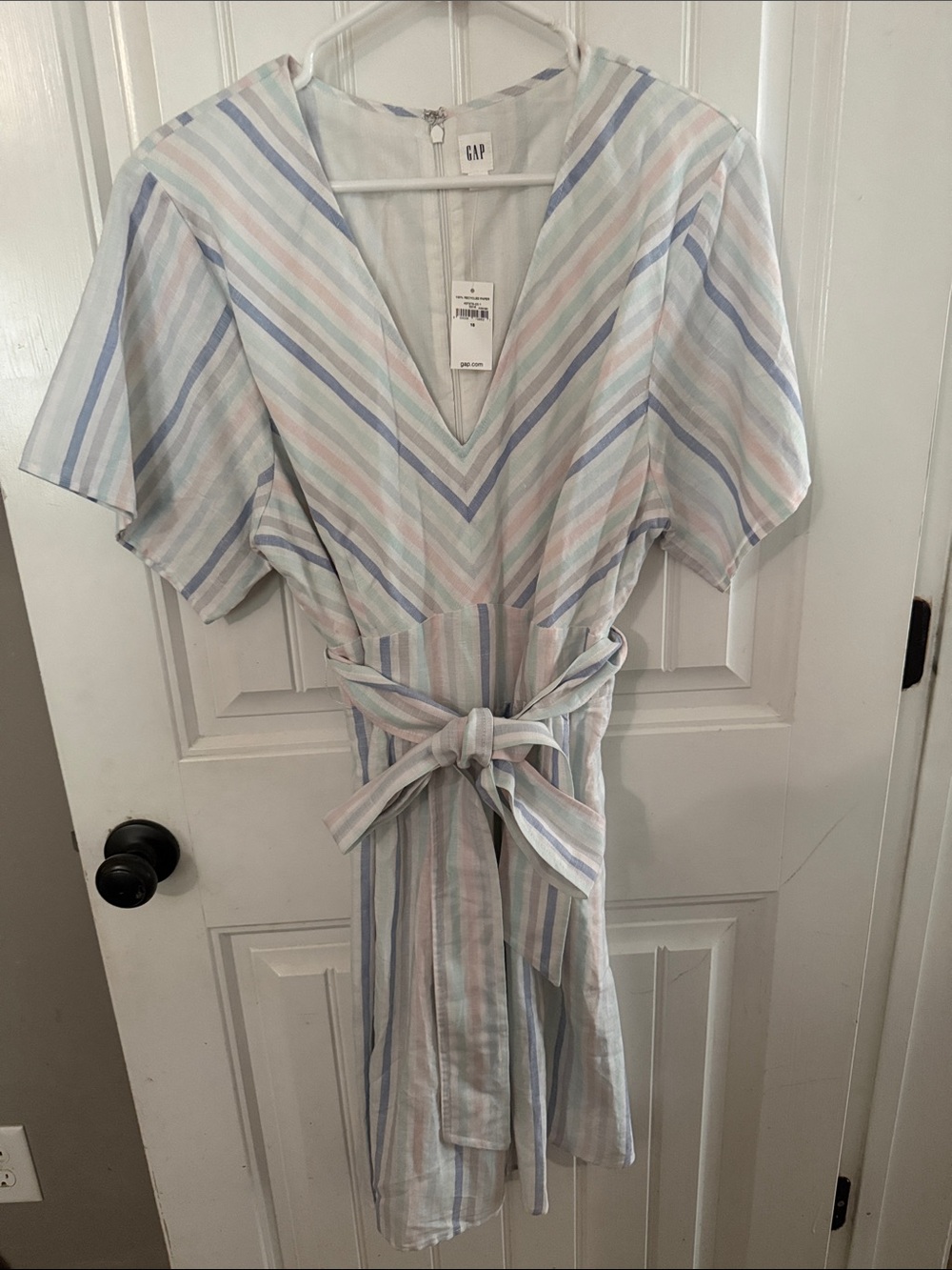GAP Pastel Striped V-Neck Tie-Waist Midi Dress - Blue & Pink